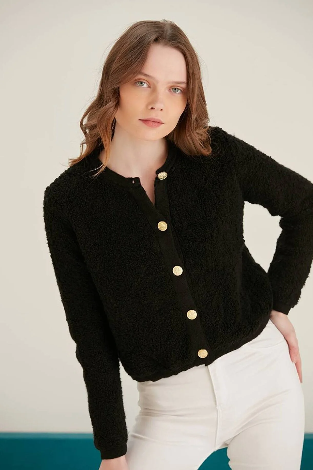 Asur Butik Kadın Bisiklet Yaka Gold Düğmeli Teddy Hırka