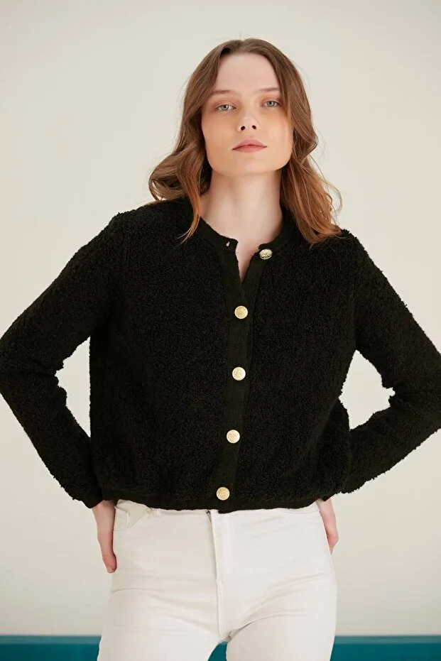 Asur Butik Kadın Bisiklet Yaka Gold Düğmeli Teddy Hırka