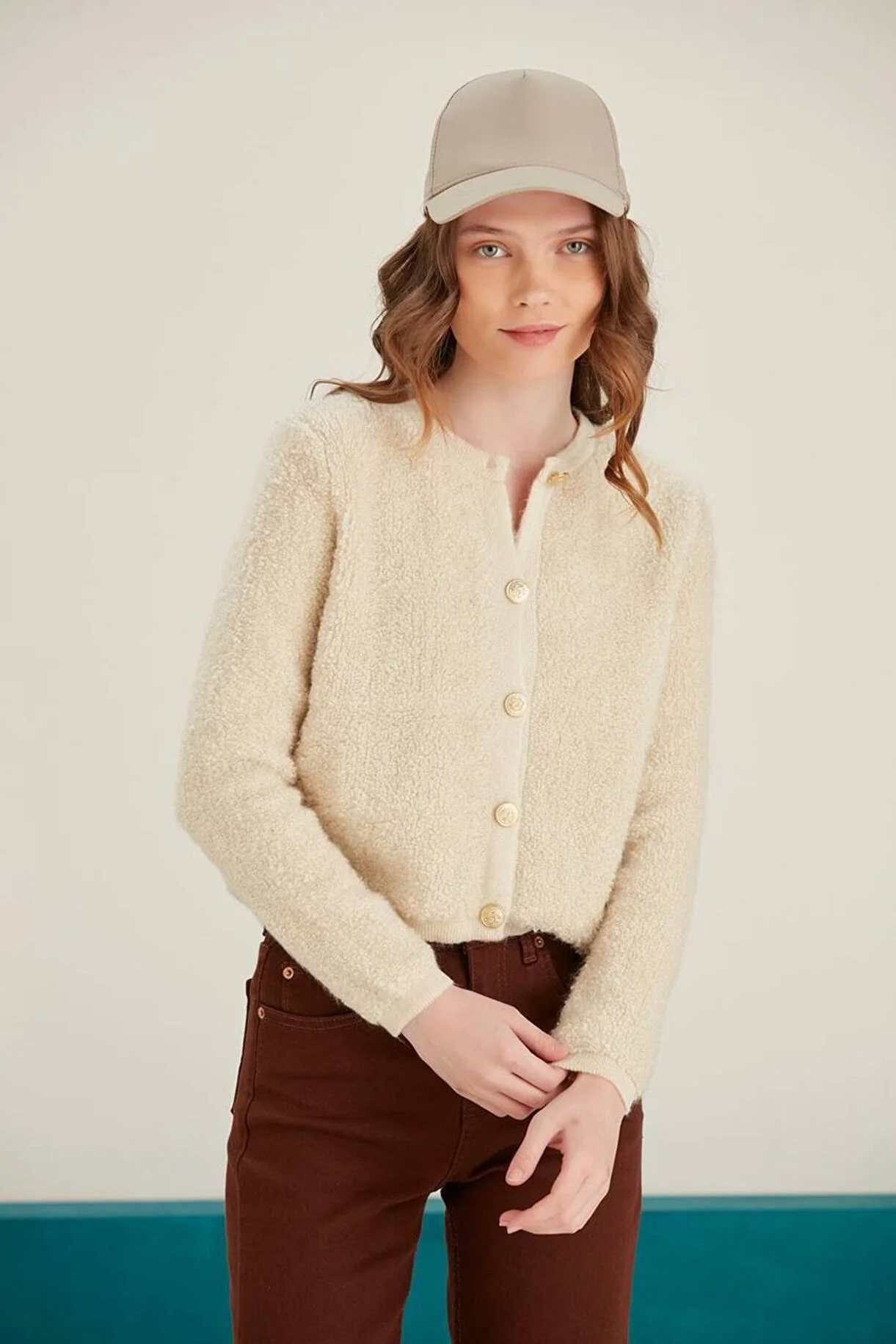 Asur Butik Kadın Bisiklet Yaka Gold Düğmeli Teddy Hırka