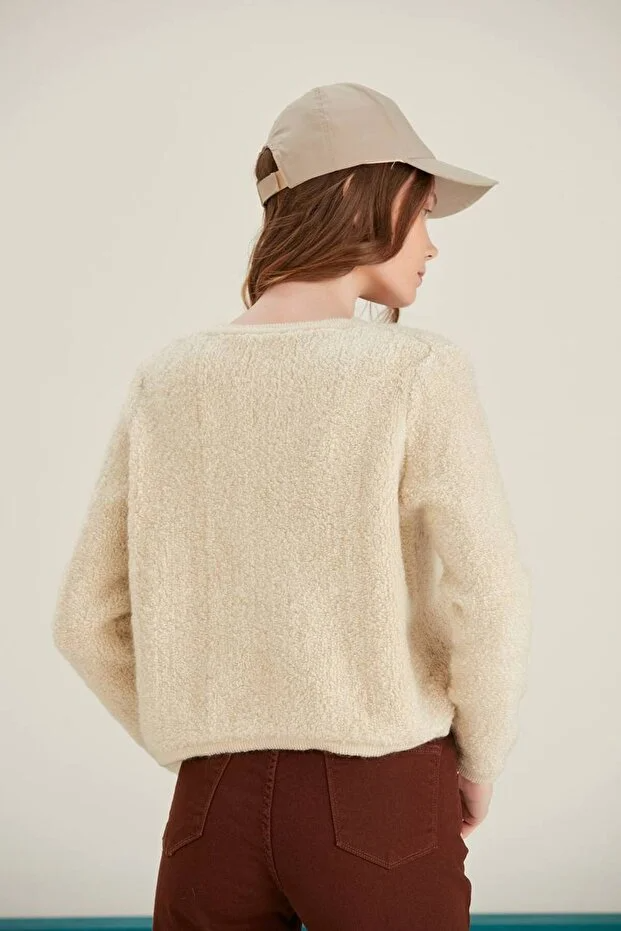 Asur Butik Kadın Bisiklet Yaka Gold Düğmeli Teddy Hırka