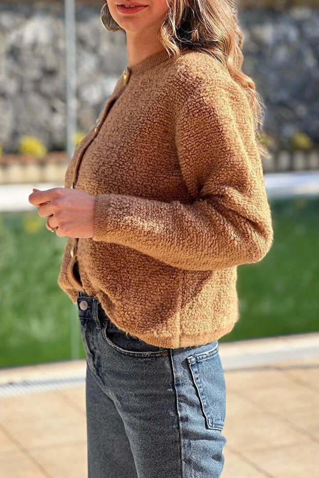 Asur Butik Kadın Teddy Gold Düğme Renk Hırka