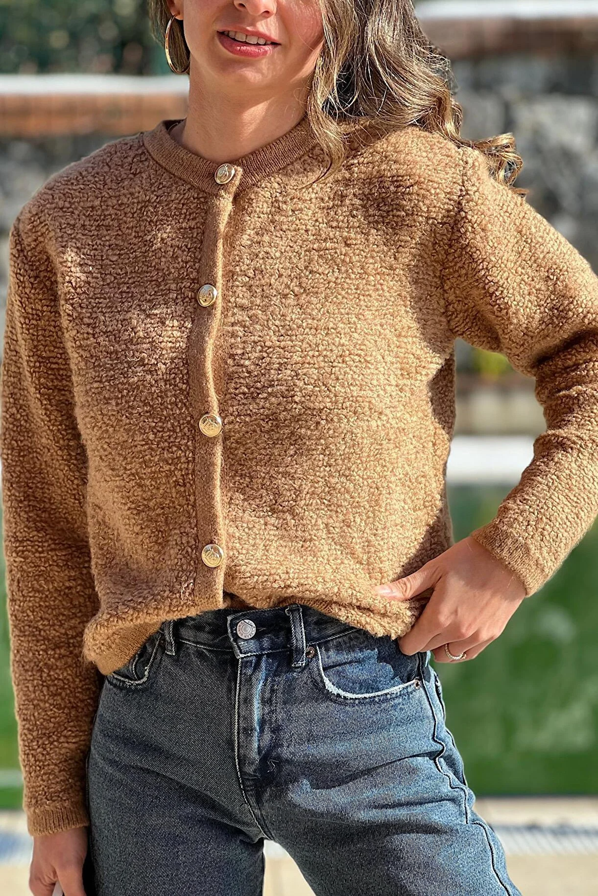 Asur Butik Kadın Teddy Gold Düğme Renk Hırka