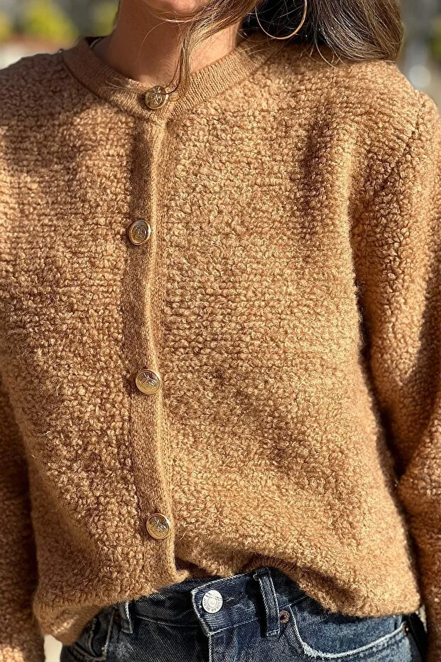 Asur Butik Kadın Teddy Gold Düğme Renk Hırka