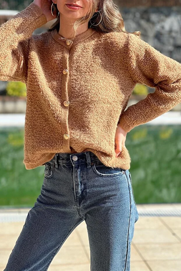 Asur Butik Kadın Teddy Gold Düğme Renk Hırka