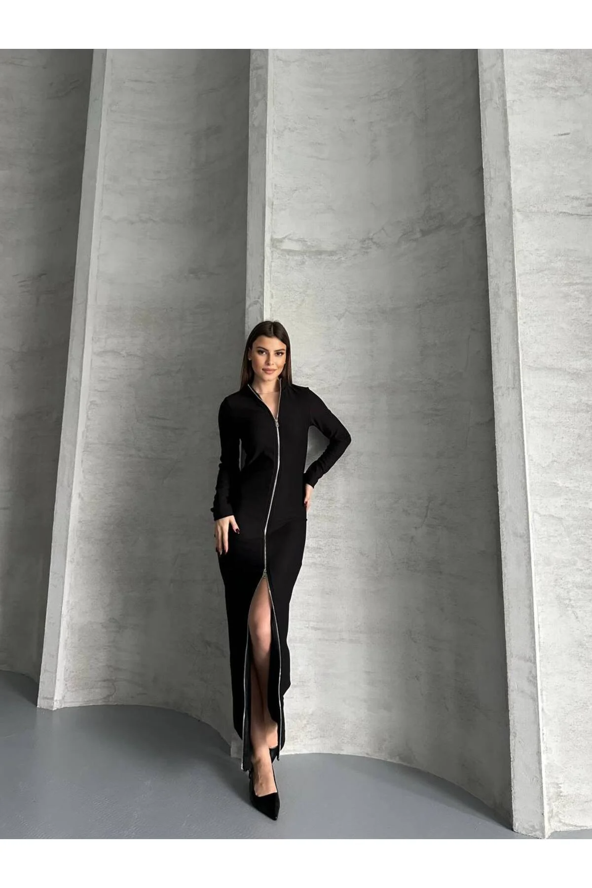 Asur Butik Kadın Ottoman Kumaş Fermuarlı Uzun Elbise