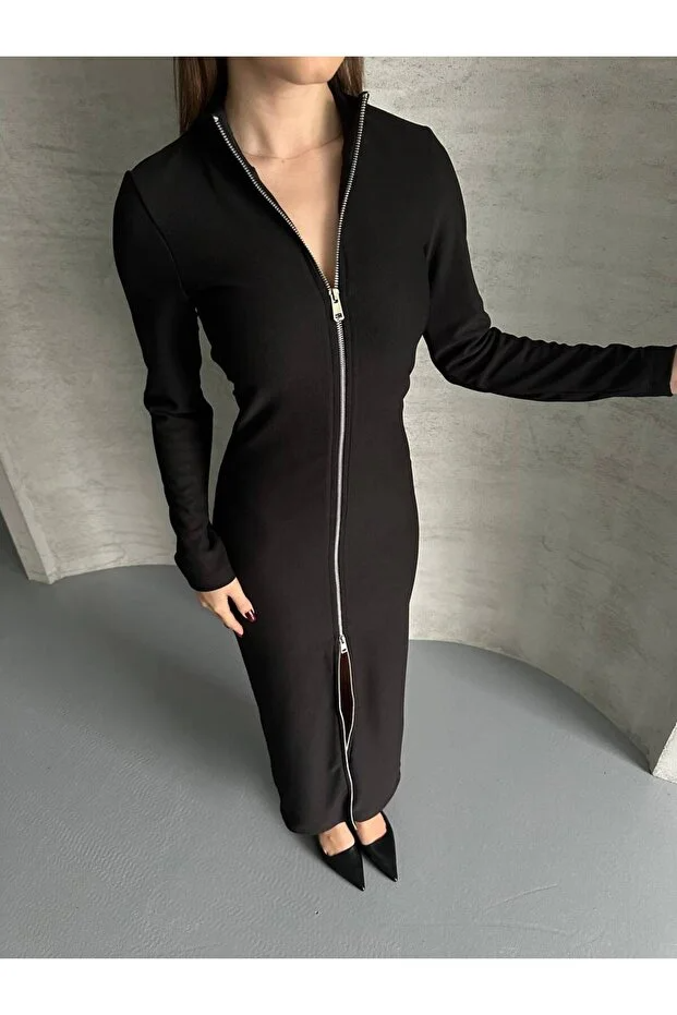 Asur Butik Kadın Ottoman Kumaş Fermuarlı Uzun Elbise