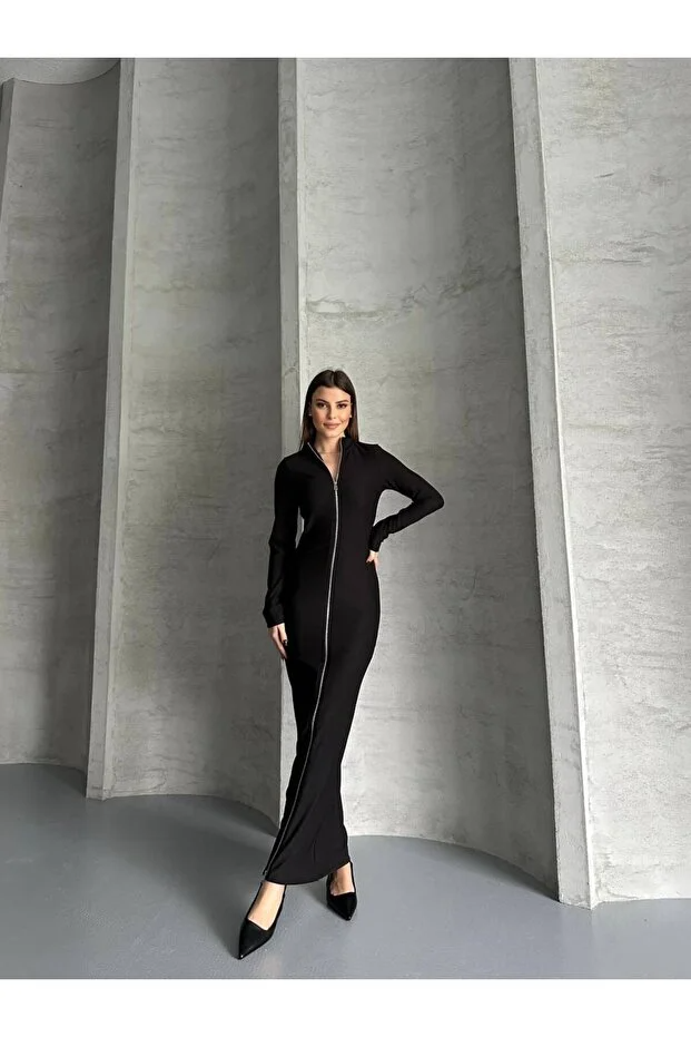 Asur Butik Kadın Ottoman Kumaş Fermuarlı Uzun Elbise