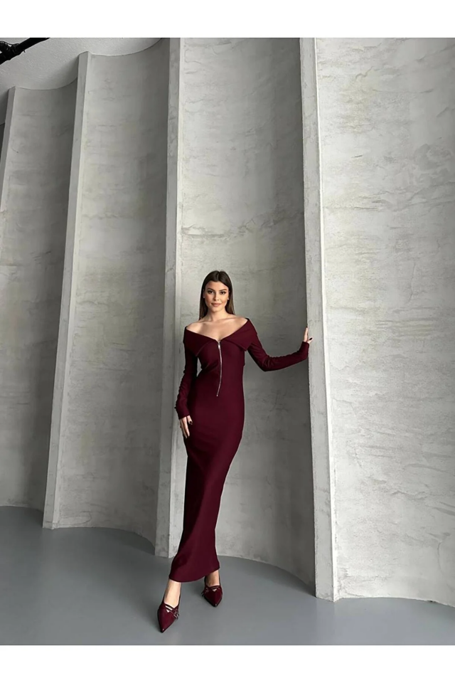 Asur Butik Yarı Fermuarlı Ottoman Kumas  Elbise