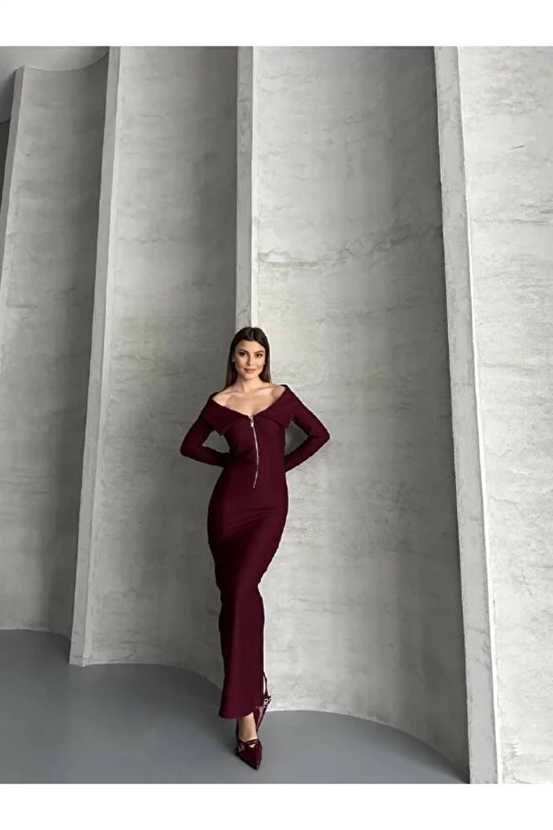 Asur Butik Yarı Fermuarlı Ottoman Kumas  Elbise