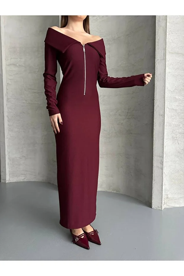 Asur Butik Yarı Fermuarlı Ottoman Kumas  Elbise