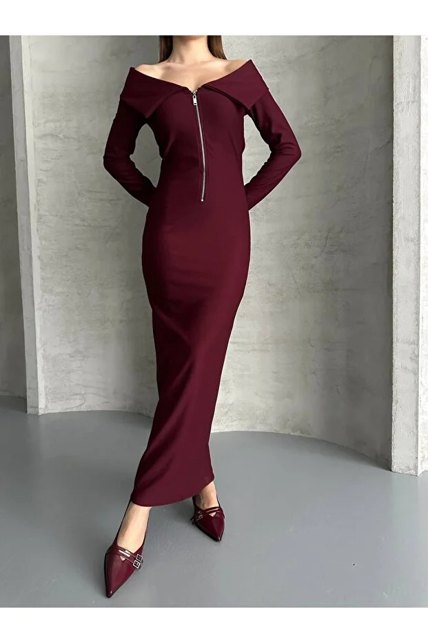 Asur Butik Yarı Fermuarlı Ottoman Kumas  Elbise