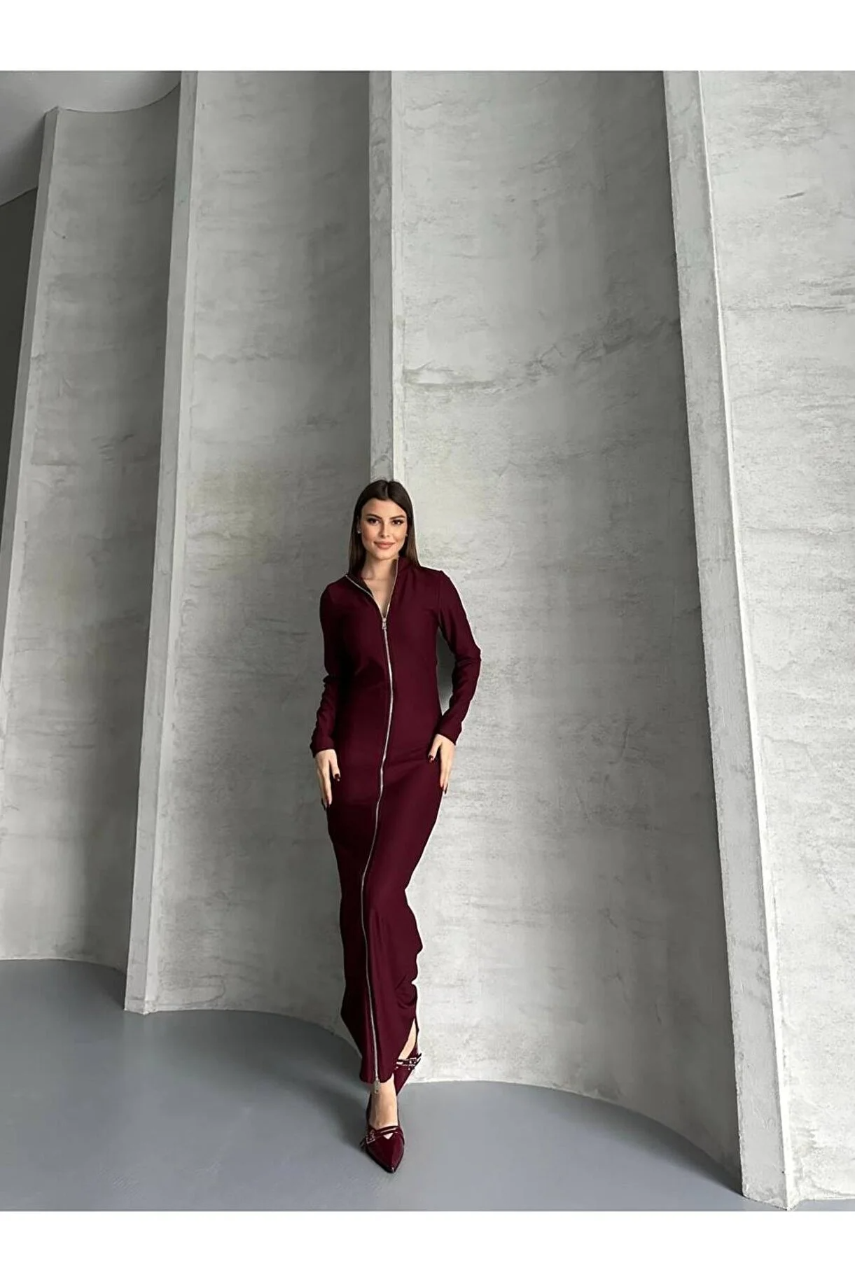 Asur Butik Kadın Ottoman Kumaş Fermuarlı Uzun Elbise