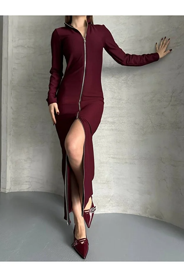 Asur Butik Kadın Ottoman Kumaş Fermuarlı Uzun Elbise