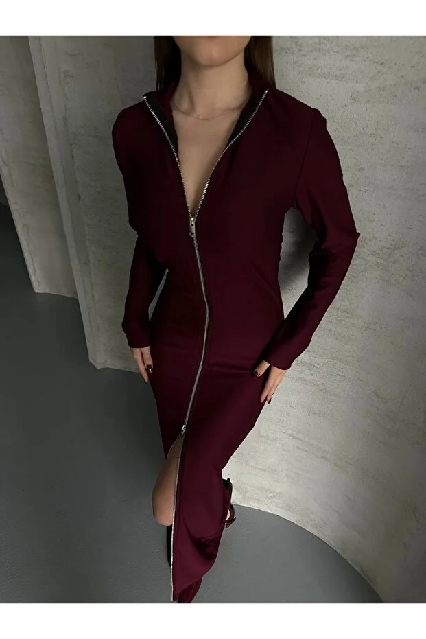 Asur Butik Kadın Ottoman Kumaş Fermuarlı Uzun Elbise