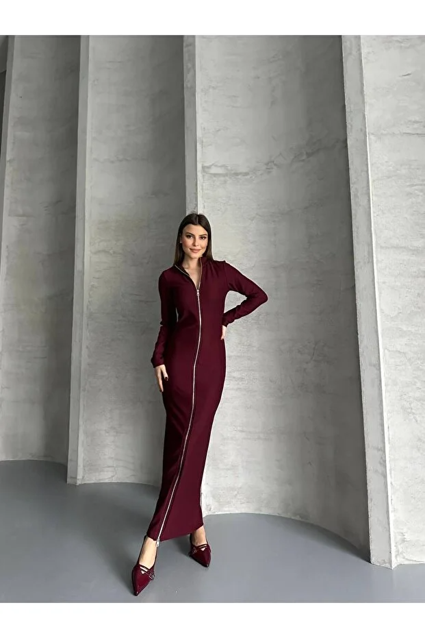 Asur Butik Kadın Ottoman Kumaş Fermuarlı Uzun Elbise