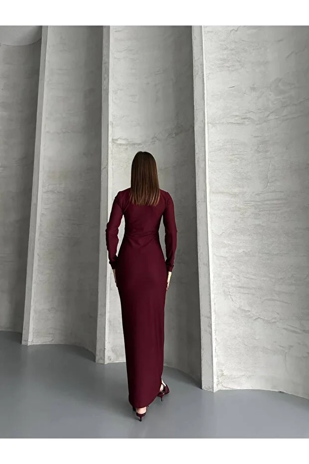 Asur Butik Kadın Ottoman Kumaş Fermuarlı Uzun Elbise