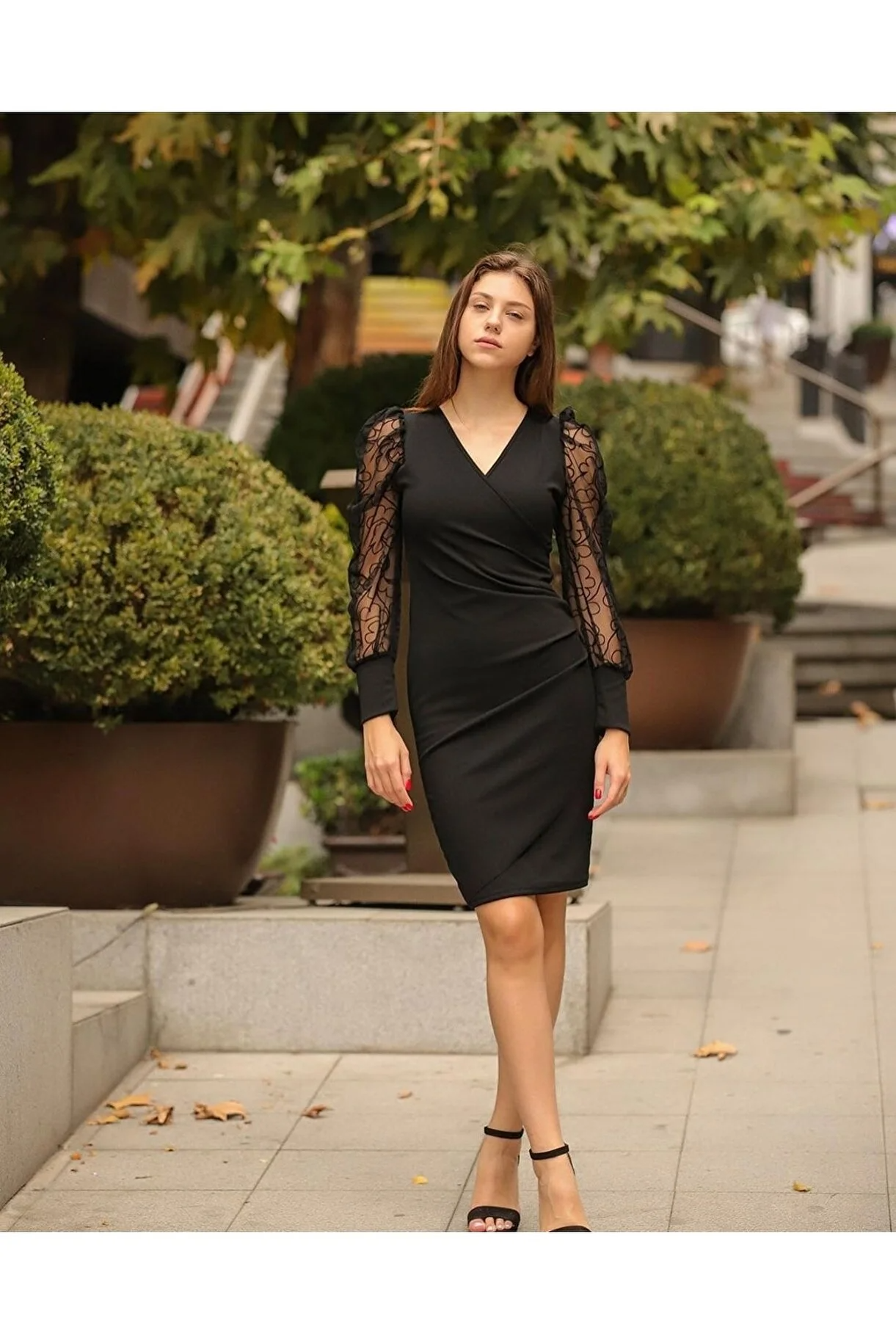 Kadın Scuba Kumaş Kruvaze Yaka Pileli Kol Flok Dar Kalıp Elbise