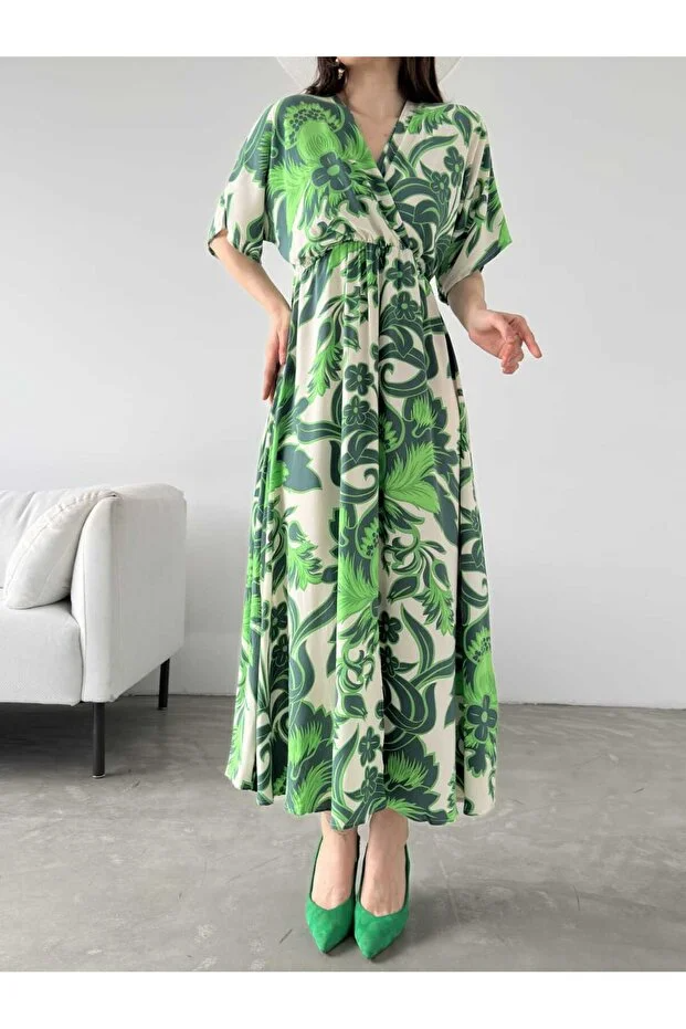 Asur Butik Kadın Kruvaze Yaka Lastikli Bel Çiçek Desenli Elbise