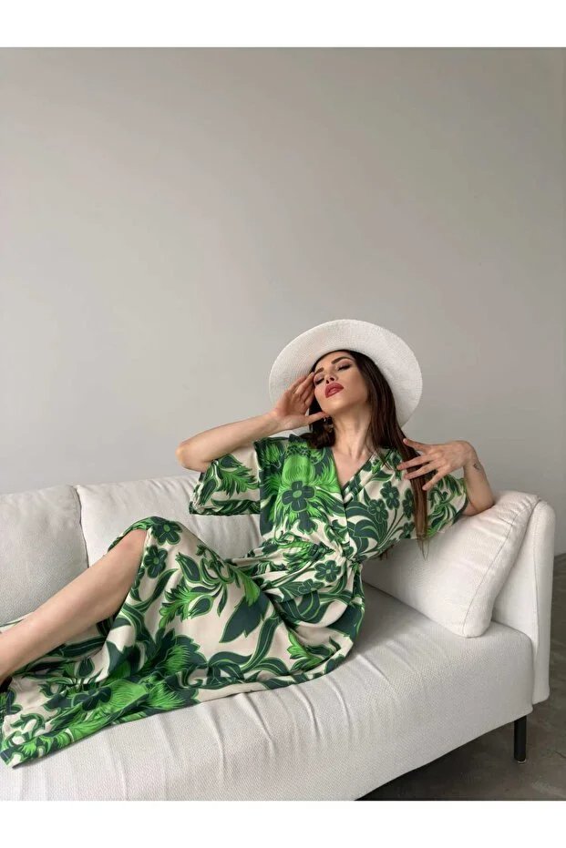 Asur Butik Kadın Kruvaze Yaka Lastikli Bel Çiçek Desenli Elbise