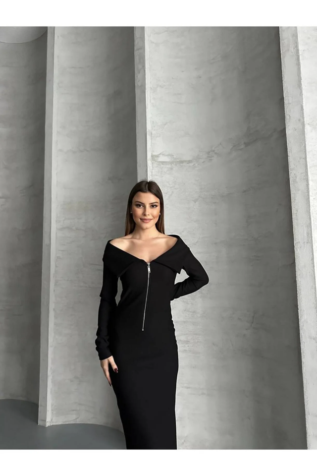 Asur Butik Yarı Fermuarlı Ottoman Kumas  Elbise