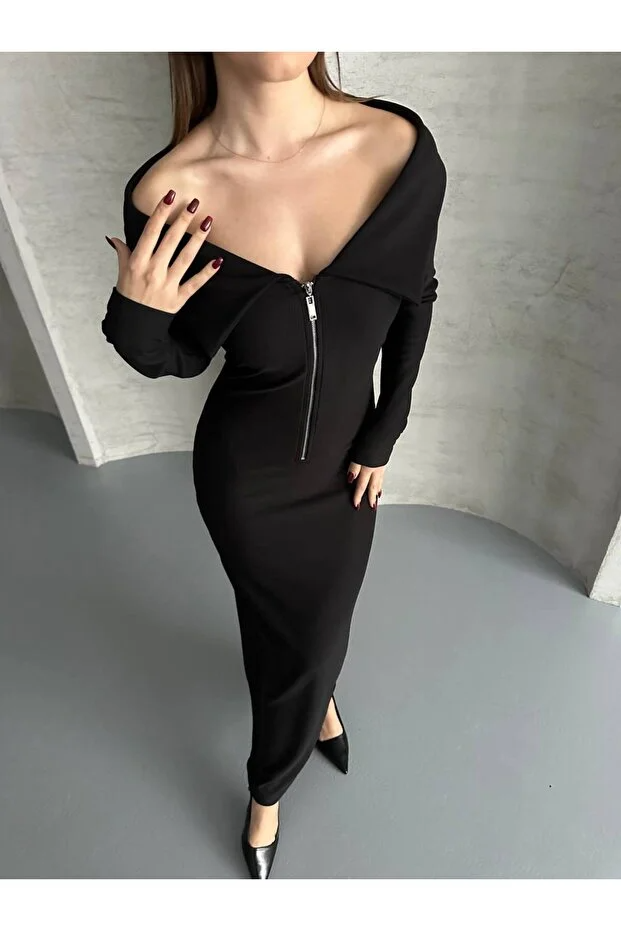 Asur Butik Yarı Fermuarlı Ottoman Kumas  Elbise