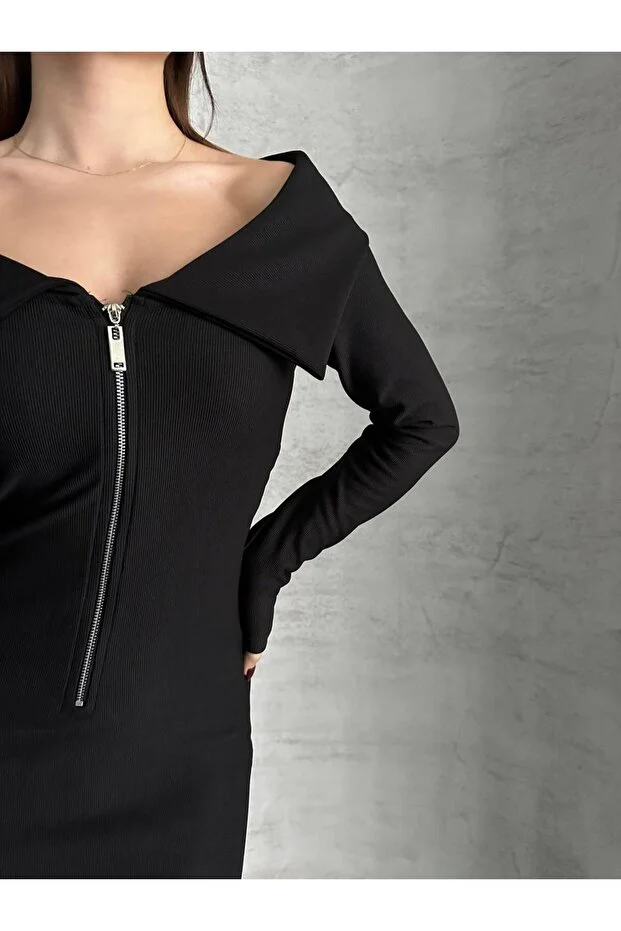 Asur Butik Yarı Fermuarlı Ottoman Kumas  Elbise