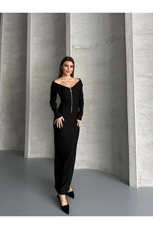 Asur Butik Yarı Fermuarlı Ottoman Kumas  Elbise