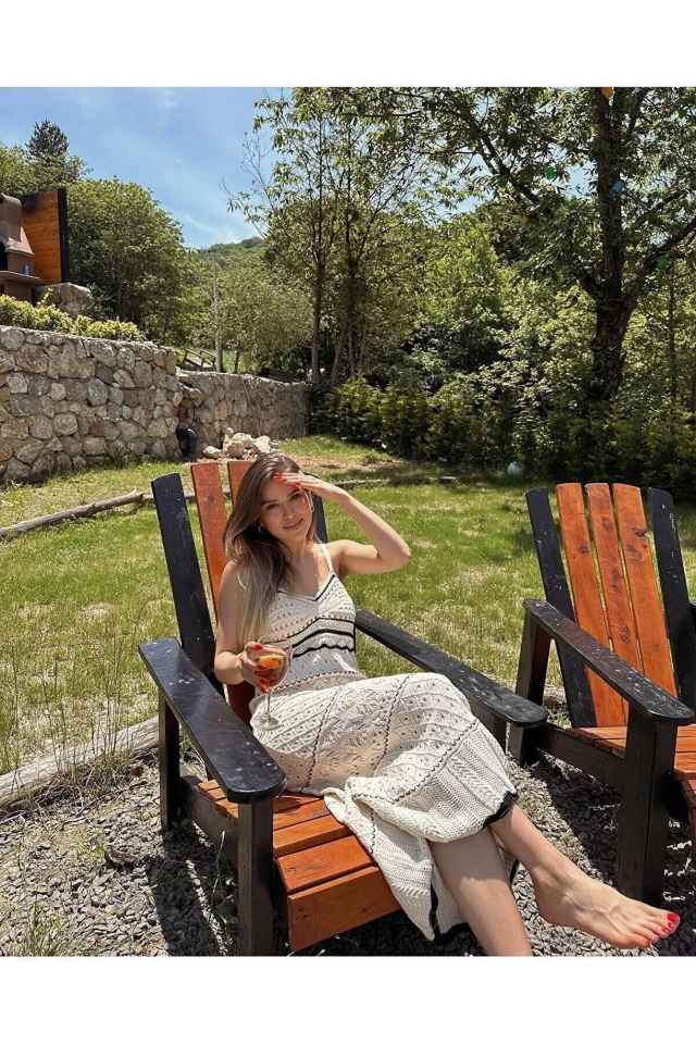 Asur Butik Askılı Triko Elbise Uzun Ajurlu Bej Renk Astarsız Elbise