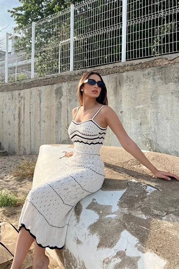 Asur Butik Askılı Triko Elbise Uzun Ajurlu Bej Renk Astarsız Elbise