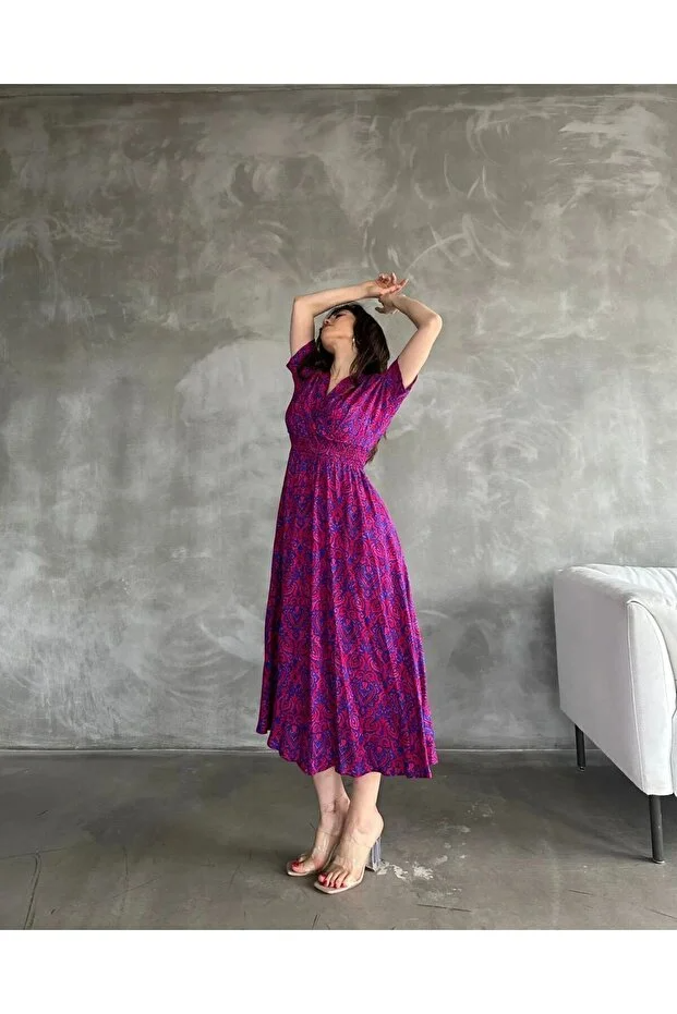 Asur Butik Kadın Kruvaze Yaka Lastikli Bel  Desenli  Gipeli Viskon Elbise