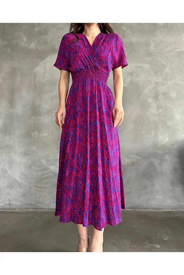 Asur Butik Kadın Kruvaze Yaka Lastikli Bel  Desenli  Gipeli Viskon Elbise