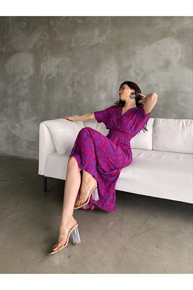 Asur Butik Kadın Kruvaze Yaka Lastikli Bel  Desenli  Gipeli Viskon Elbise