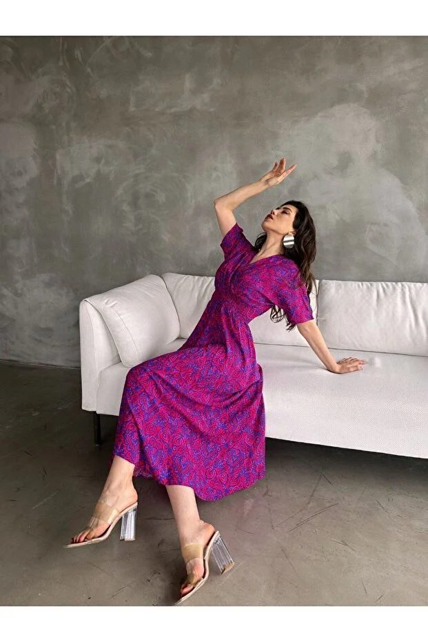 Asur Butik Kadın Kruvaze Yaka Lastikli Bel  Desenli  Gipeli Viskon Elbise