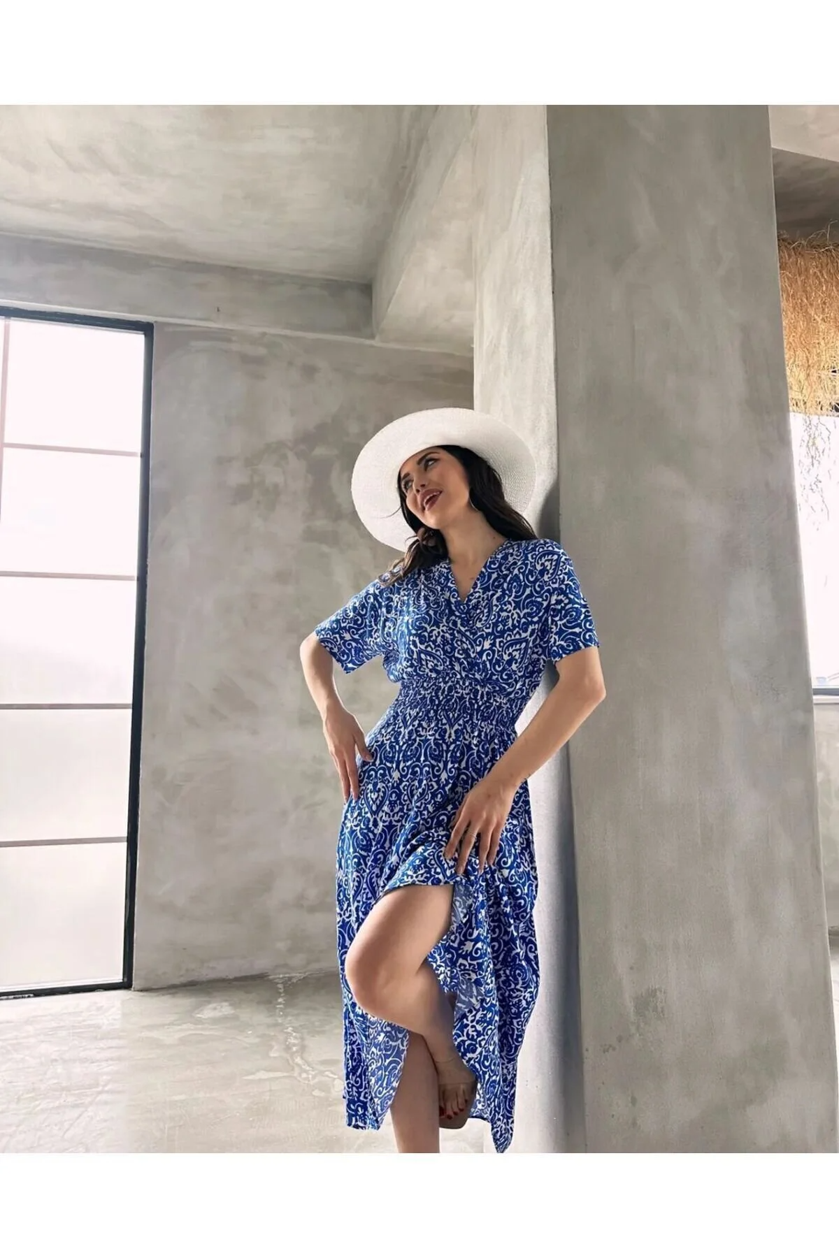 Asur Butik Kadın Kruvaze Yaka Lastikli Bel  Desenli  Gipeli Viskon Elbise