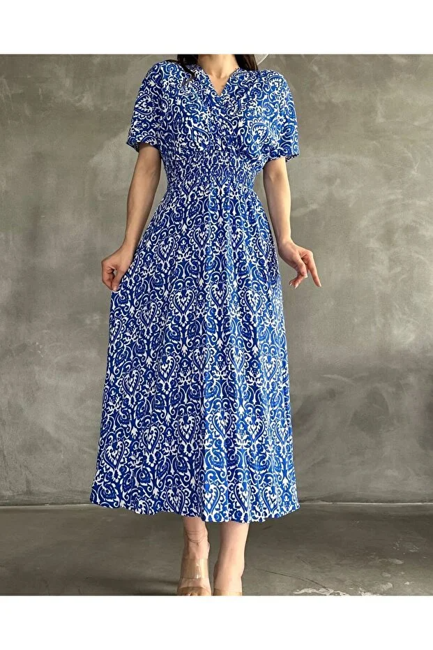 Asur Butik Kadın Kruvaze Yaka Lastikli Bel  Desenli  Gipeli Viskon Elbise