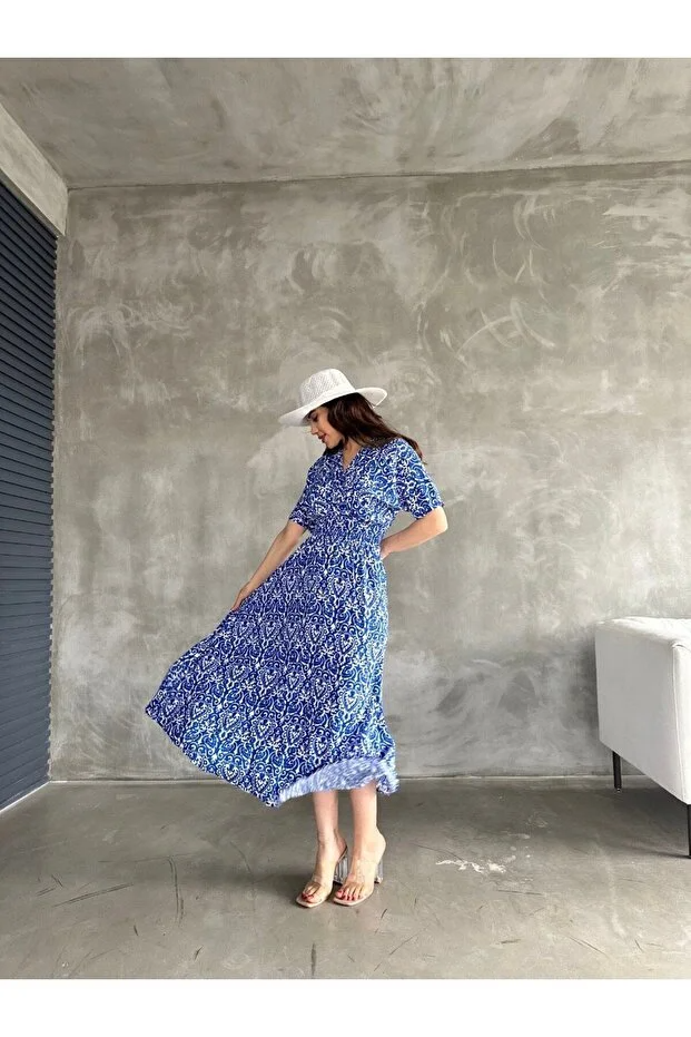 Asur Butik Kadın Kruvaze Yaka Lastikli Bel  Desenli  Gipeli Viskon Elbise