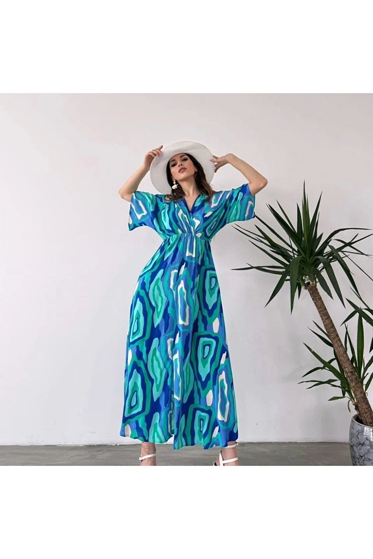 Asur Butik Kruvaze Yaka Desenli Elbise