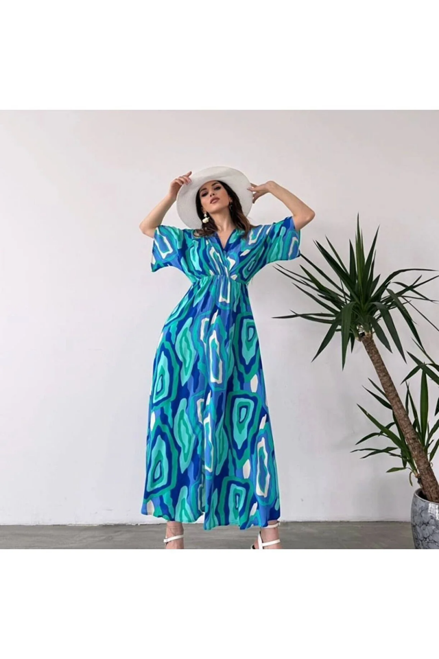 Asur Butik Kruvaze Yaka Desenli Elbise