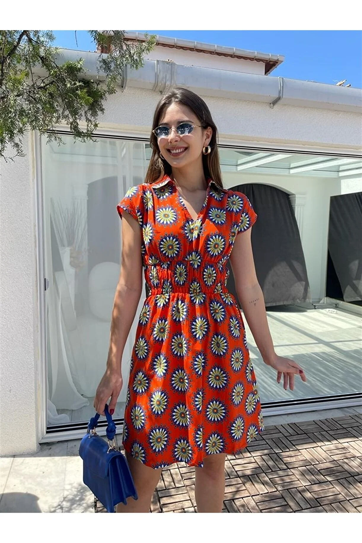 Kadın Gömlek Yaka Pamuk Kumaş Çiçek Desenli Mini Elbise