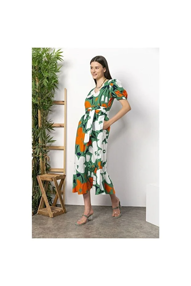 Kadın Yeşil Renk V Yaka Poplin Kumaş Elbise