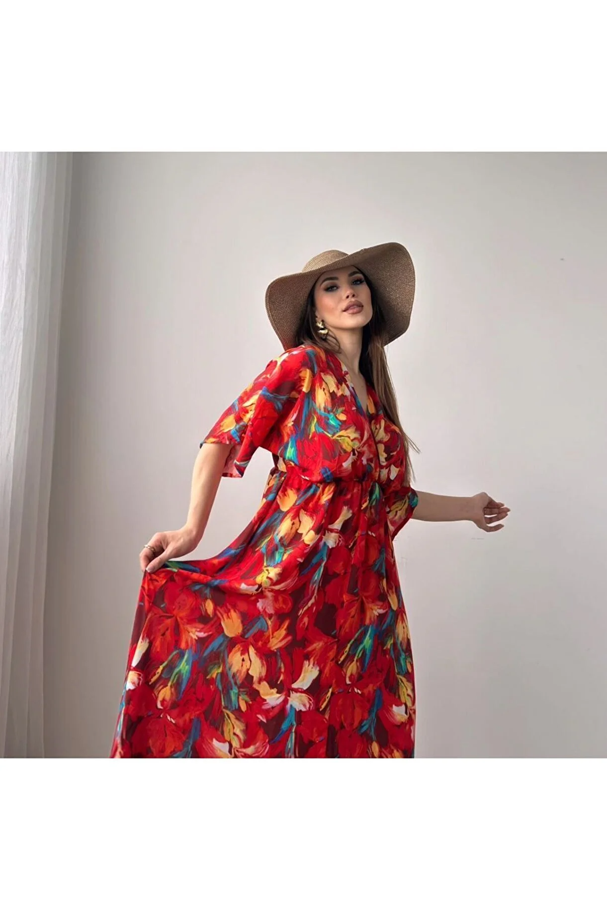 Asur Butik Kadın Çiçek Desenli Renkli Viskon Kumaş Yırtmaçlı Elbise