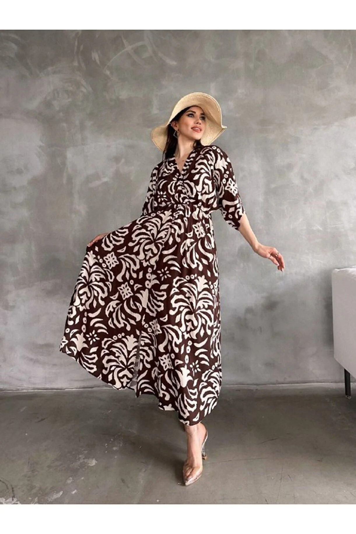 Asur Butik Kadın Kruvaze Yaka Lastikli Bel Desenli Elbise