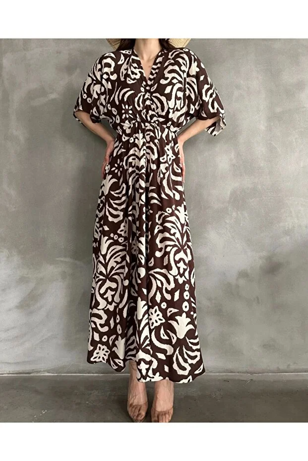 Asur Butik Kadın Kruvaze Yaka Lastikli Bel Desenli Elbise