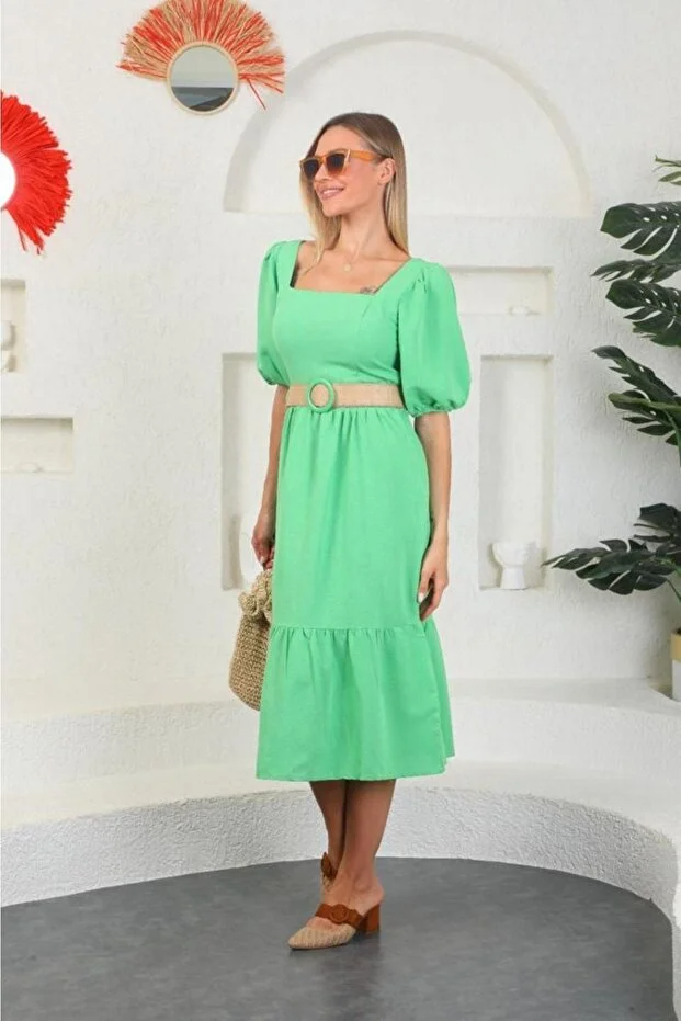 Asur Butik Kadın Keten Kumaş Kemerli Kare Yaka Dar Kalıp Elbise 1 Beden Büyük Alınız.