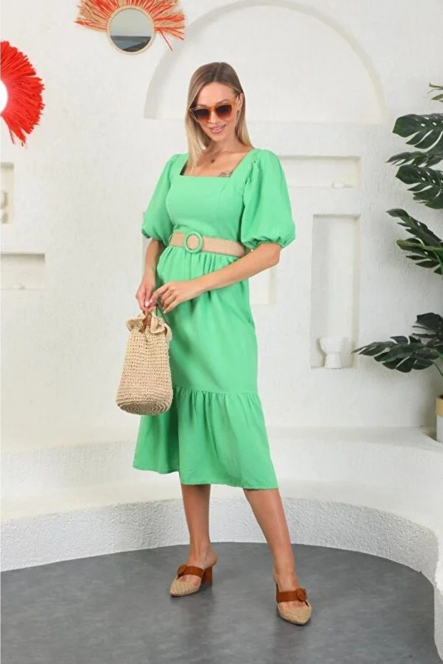 Asur Butik Kadın Keten Kumaş Kemerli Kare Yaka Dar Kalıp Elbise 1 Beden Büyük Alınız.