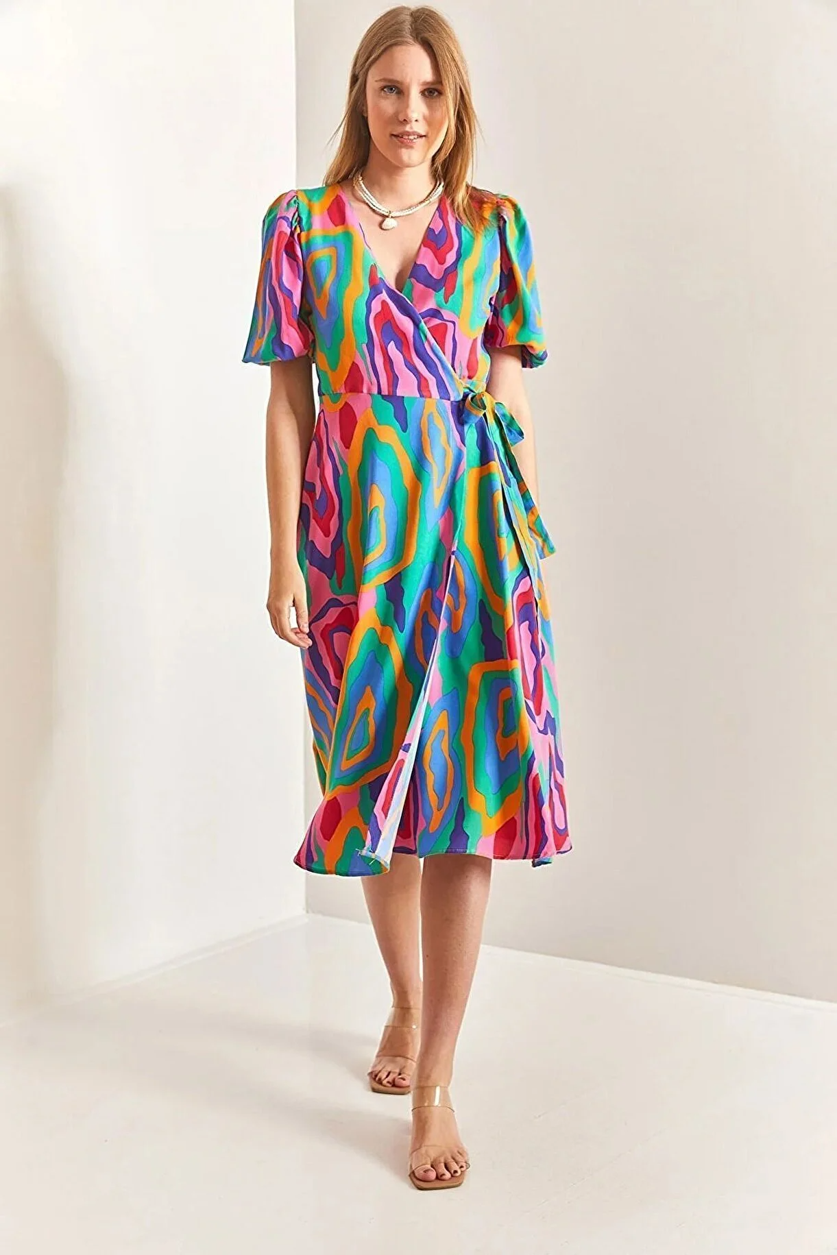 Asur Butik Kadın Desenli Kuşaklı Anvelop Elbise