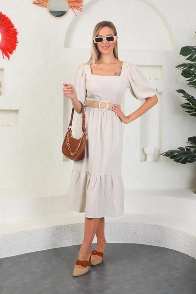 Asur Butik Kadın Keten Kumaş Kemerli Kare Yaka Dar Kalıp Elbise 1 Beden Büyük Alınız.