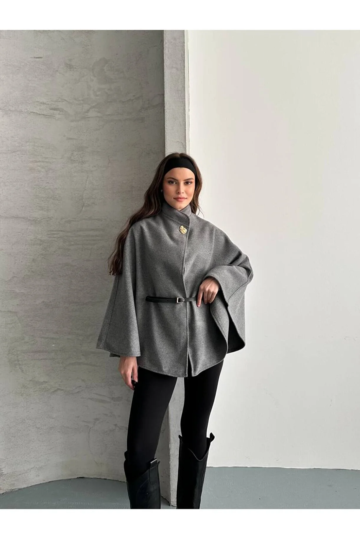 Asur Butik Kadın İthal Kaşe Kemerli Panço Standart Beden 36-40