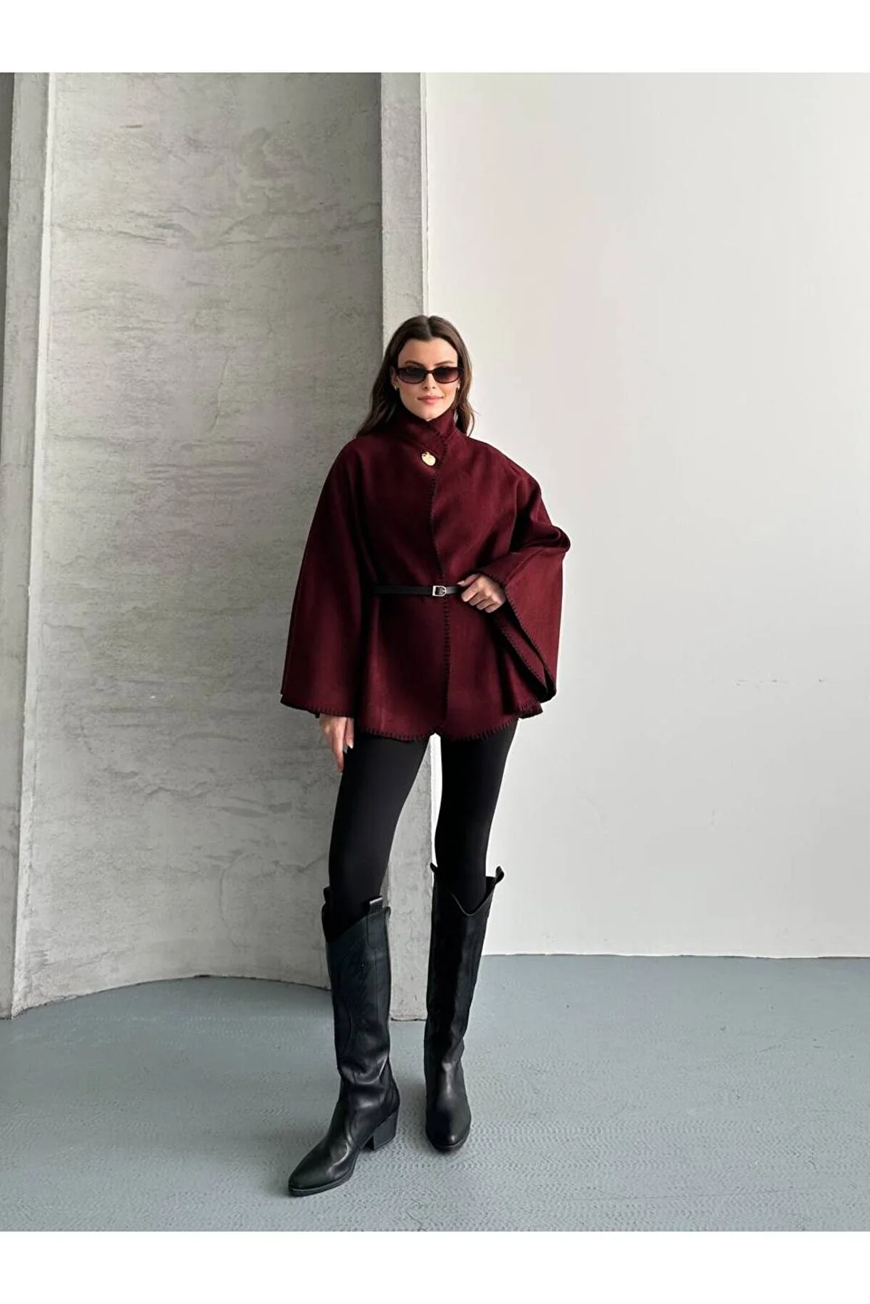 Asur Butik Kadın İthal Kaşe Kemerli Panço Standart Beden 36-40