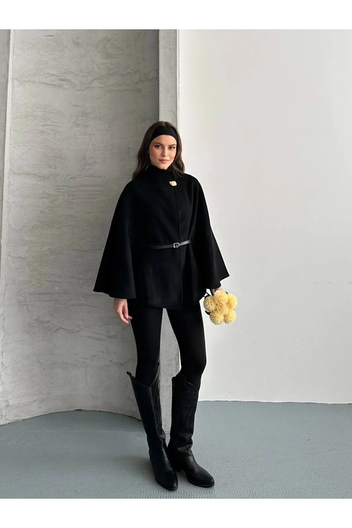 Asur Butik Kadın İthal Kaşe Kemerli Panço Standart Beden 36-40